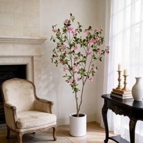 6FT Artificial Bougainvillea Tree with Black Plastic Pot, Realistic Fake Flowering Tree for Indoor Home Office Decor, Potted Faux Plant, 1pc/set