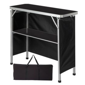 100-38-88cm Portable Folding Bar Table With Storage Shelf, Aluminum Frame Trade Show Counter With Black Skirt & Carry Bag