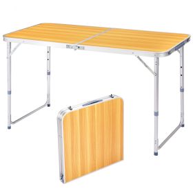 4FT Adjustable Height Folding Table, 120-60cm Portable Aluminum Foldable Camping Table Wood Grain Utility Table For Picnic BBQ Party Indoor Outdoor