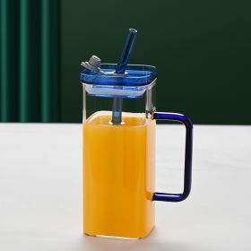 1 Pcs Blue Glass Straw Cup, 6 Colors Square Glass Cup With Straw And Lid, High Borosilicate Glass Cup, Milk Cup, Juice Cup, Cold Drink Cup, Coffee Cup